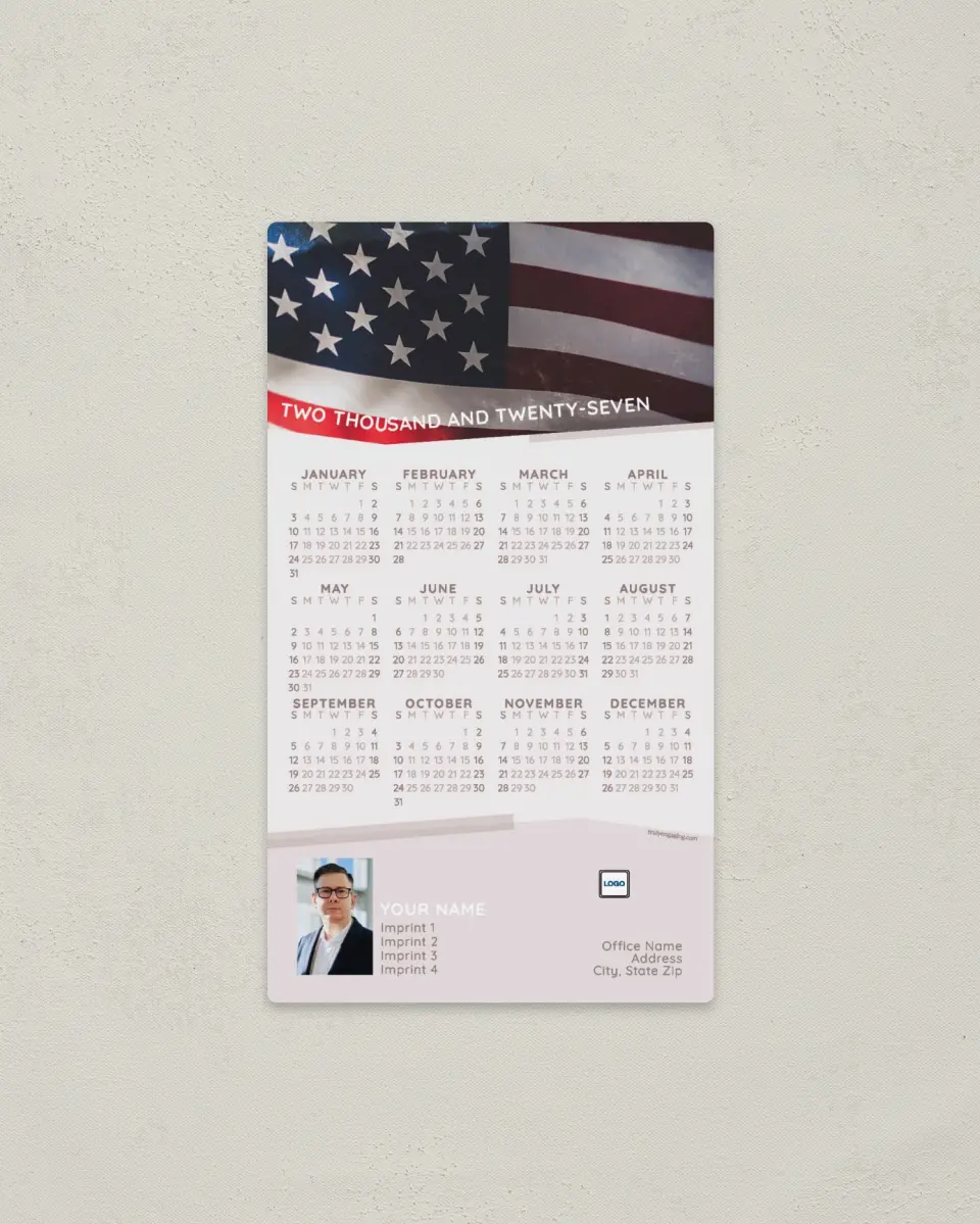 This is a 4" x 7" Full Magnet Calendar called Angular Flag printed in full color with a Standard Gloss finish