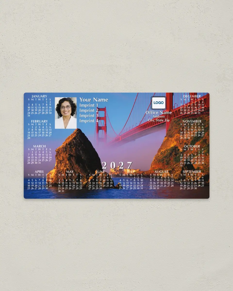 This is a 4" x 7" Full Magnet Calendar called Golden Gate Bridge printed in full color with a Standard Gloss finish