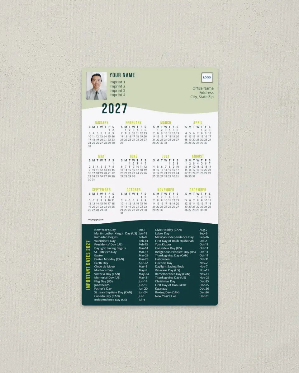 This is a 4" x 7" Full Magnet Calendar called Clean Contour printed in full color with a Standard Gloss finish