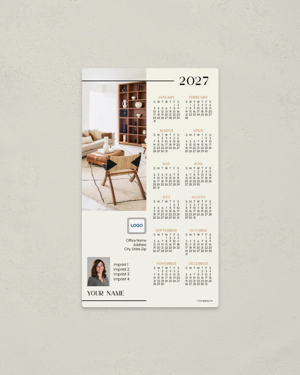 This is a 4" x 7" Full Magnet Calendar called Trendy Room printed in full color with a Standard Gloss finish
