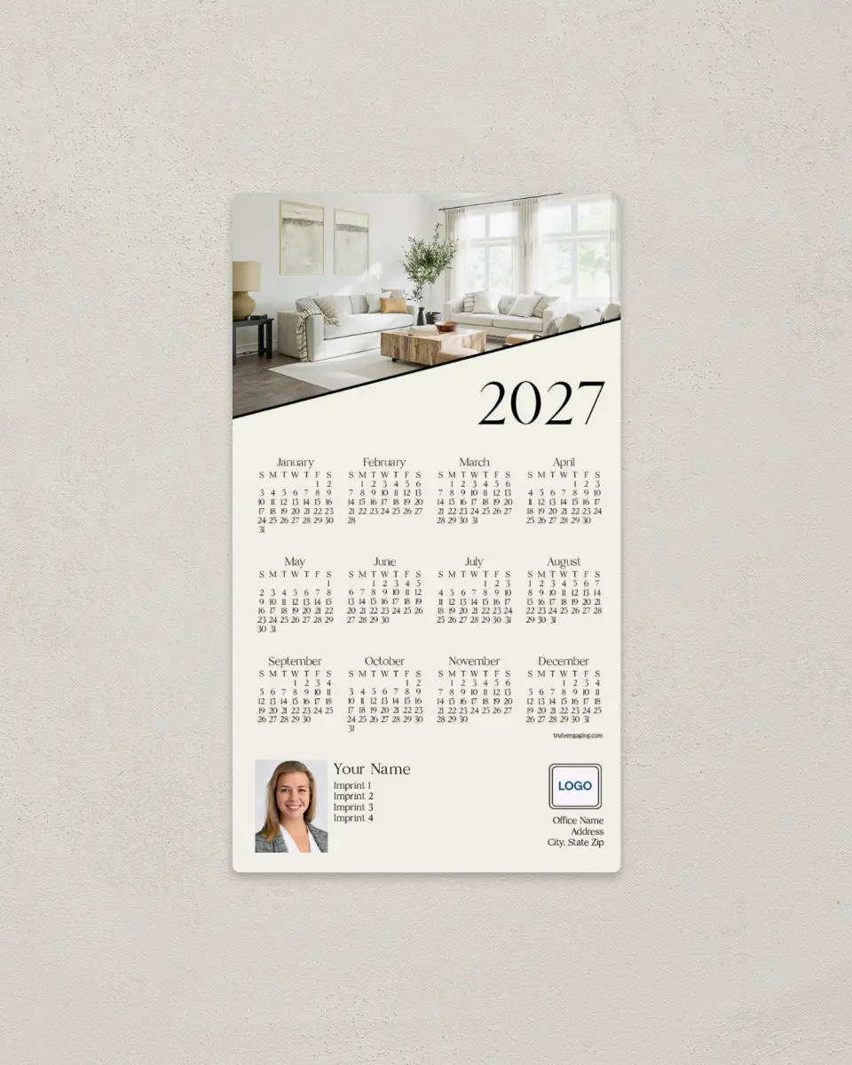This is a 4" x 7" Full Magnet Calendar called Diagonal Dates printed in full color with a Standard Gloss finish
