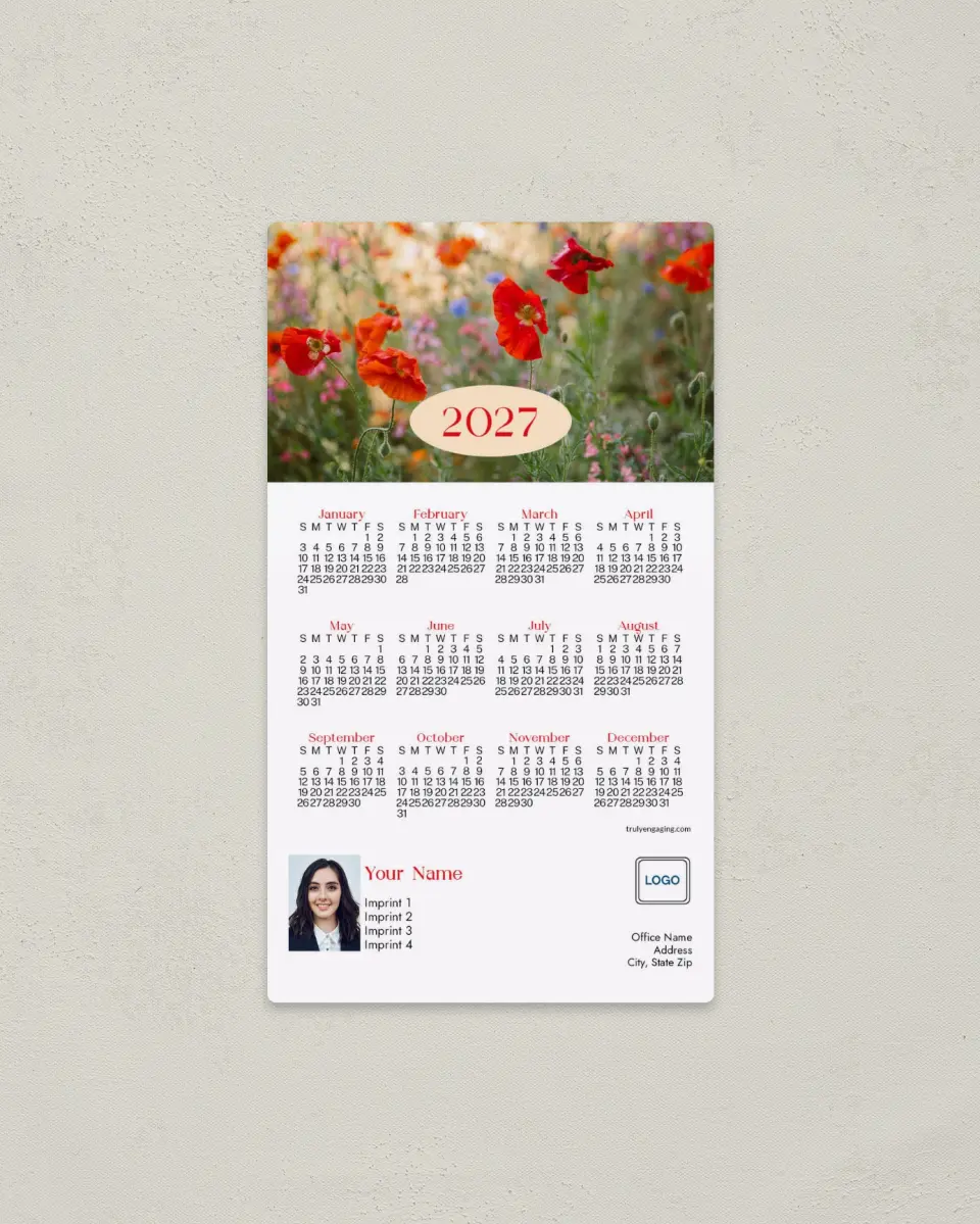 This is a 4" x 7" Full Magnet Calendar called Poppy Garden printed in full color with a Standard Gloss finish