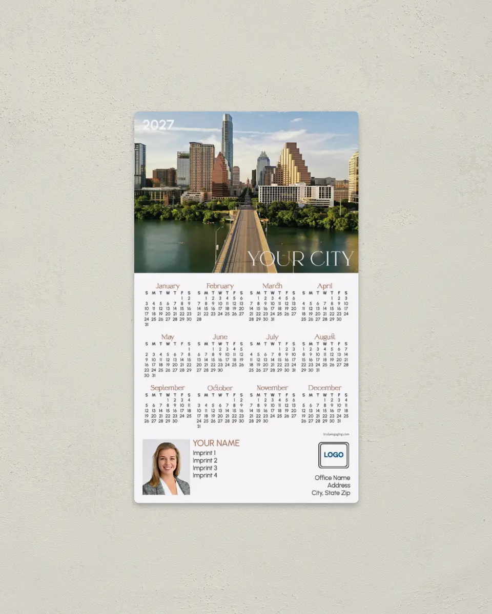 This is a 4" x 7" Full Magnet Calendar called Tailored Skyline printed in full color with a Standard Gloss finish