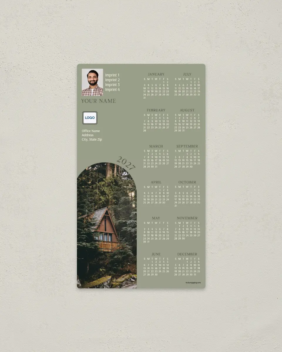 This is a 4" x 7" Full Magnet Calendar called Cozy Cabin printed in full color with a Standard Gloss finish