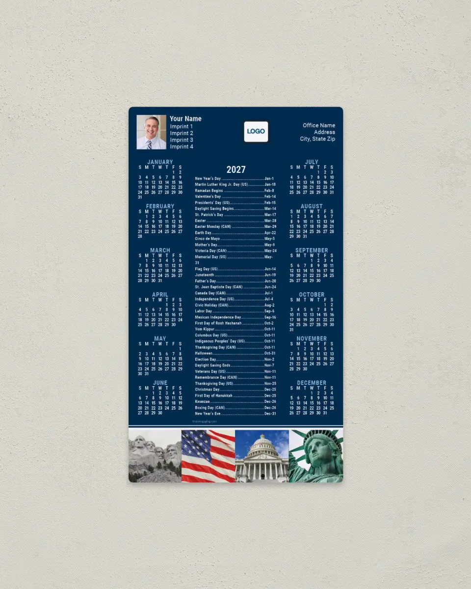 This is a 4" x 7" Full Magnet Calendar called Patriot's Planner printed in full color with a Standard Gloss finish