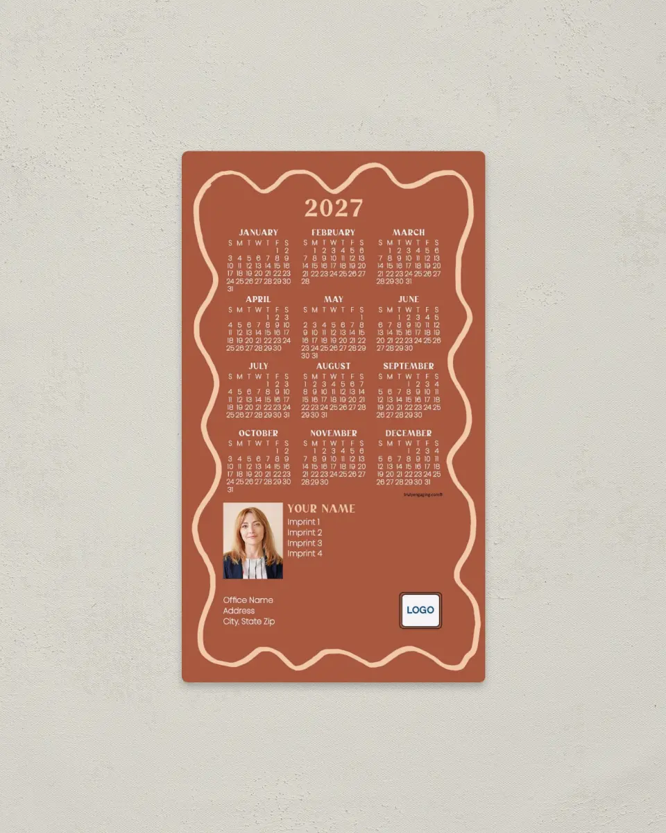 This is a 4" x 7" Full Magnet Calendar called Playful Waves printed in full color with a Standard Gloss finish