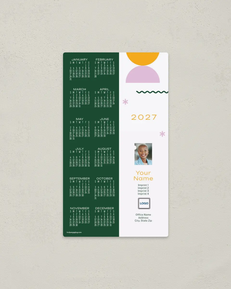 This is a 4" x 7" Full Magnet Calendar called Vibrant Dots printed in full color with a Standard Gloss finish
