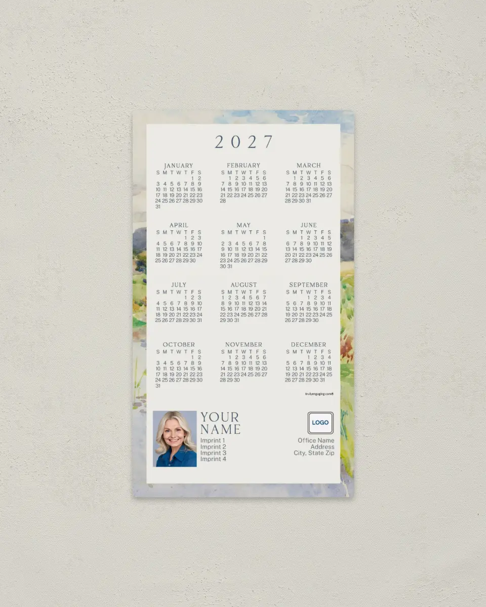 This is a 4" x 7" Full Magnet Calendar called Blossom Border printed in full color with a Standard Gloss finish