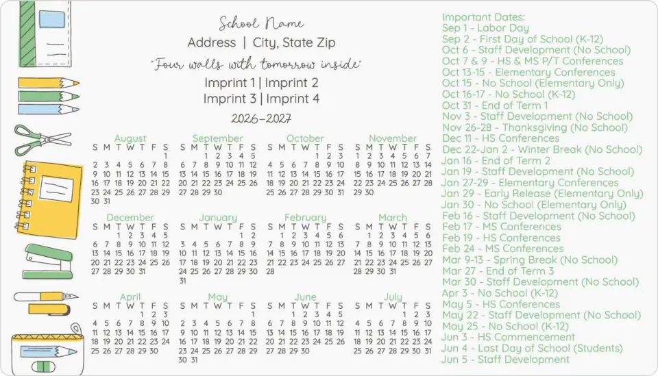 This is a 4" x 7" School Calendar Magnet called Yearly Essentials printed in full color