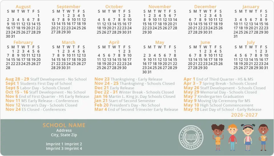 This is a 4" x 7" School Calendar Magnet called Schoolyard Fun printed in full color