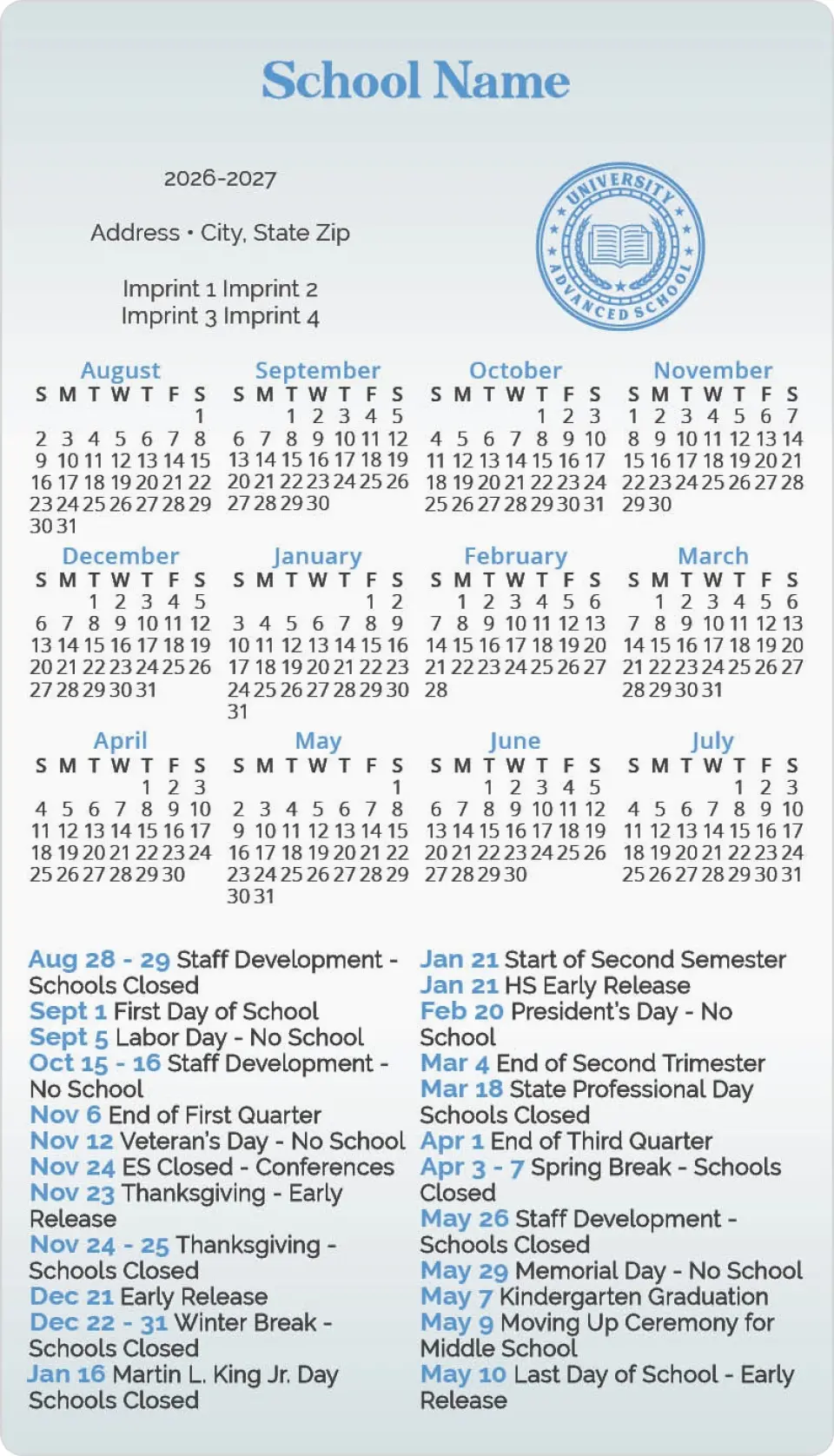 This is a 4" x 7" School Calendar Magnet called Academic Milestones printed in full color