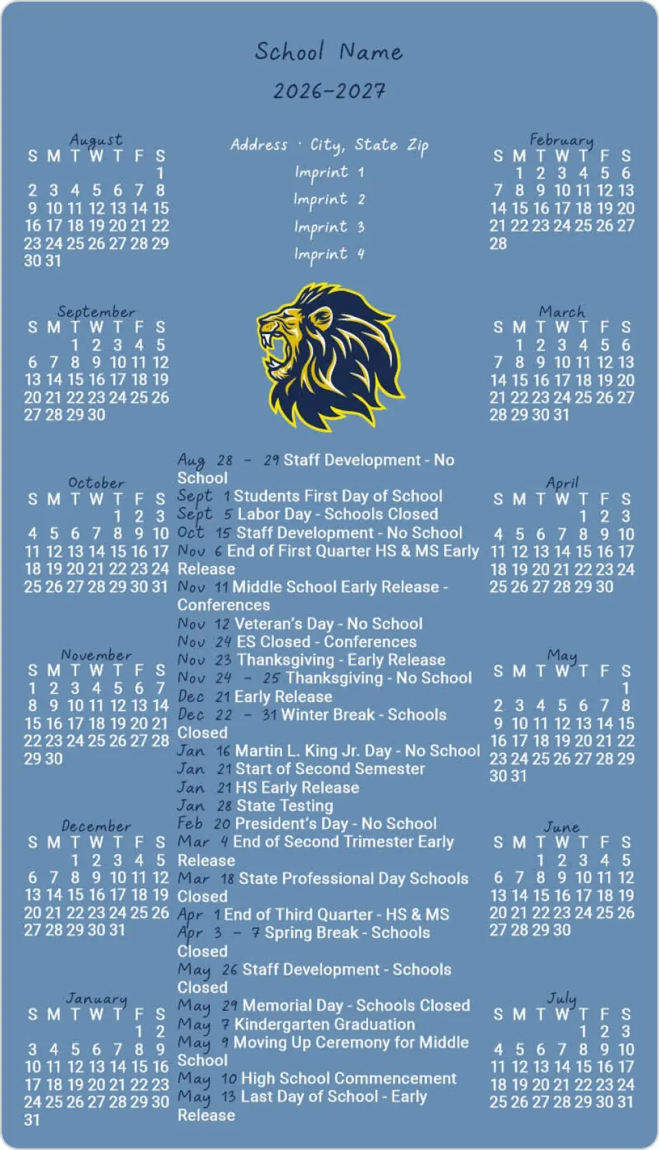 This is a 4" x 7" School Calendar Magnet called School Spirit printed in full color