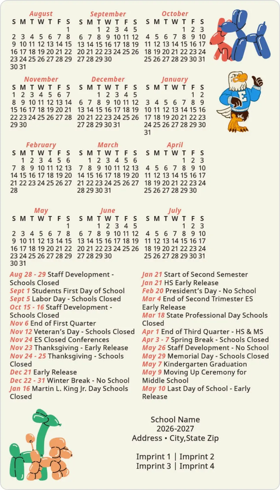 This is a 4" x 7" School Calendar Magnet called Balloons and Buddies printed in full color