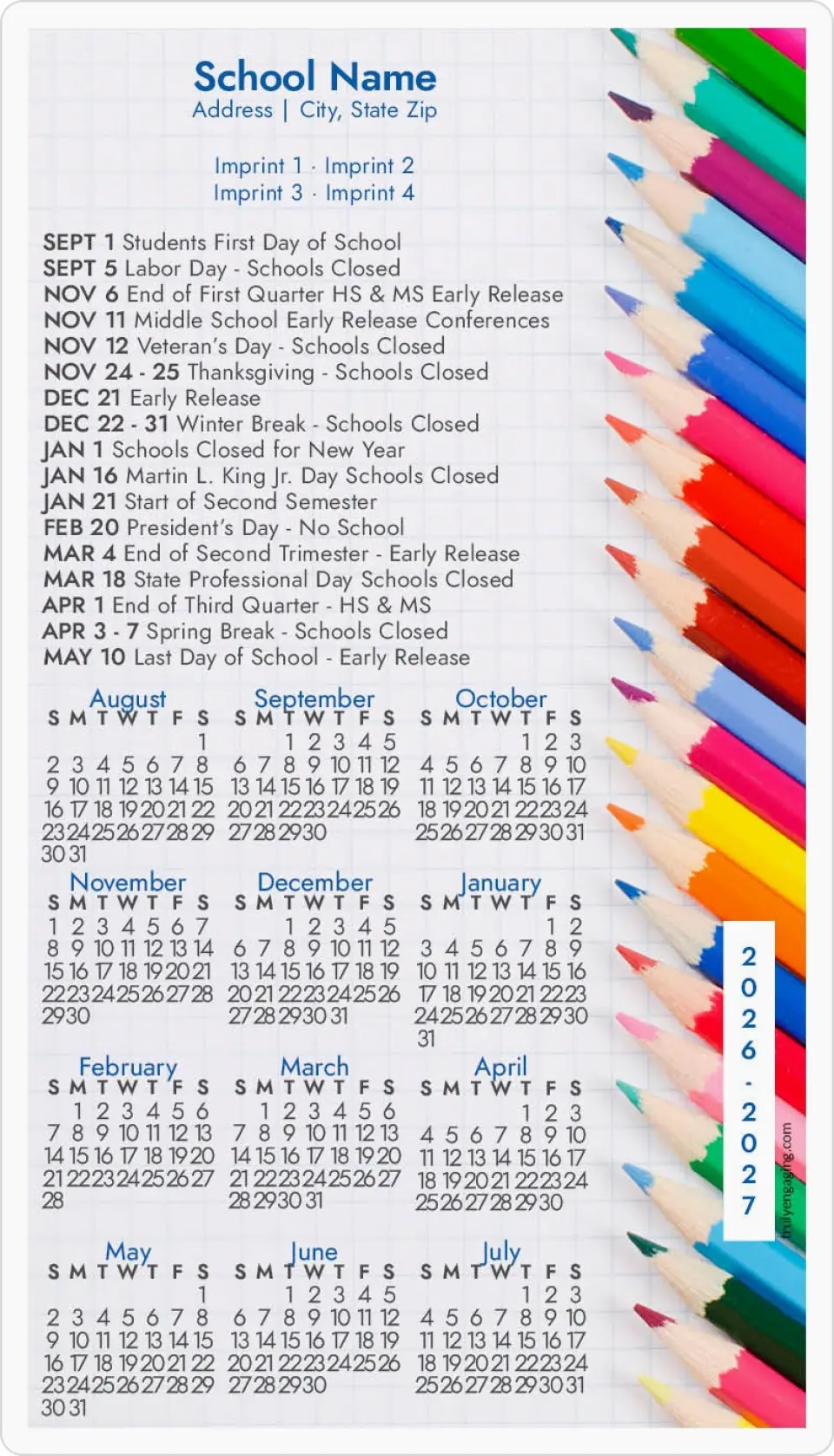 This is a 4" x 7" School Calendar Magnet called Color Your Year printed in full color