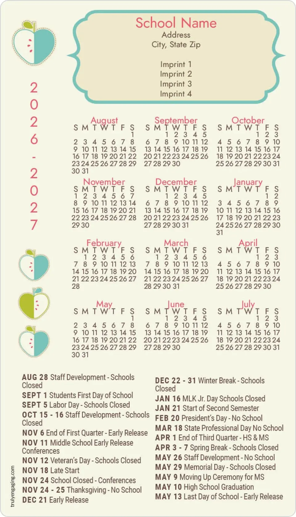 This is a 4" x 7" School Calendar Magnet called Apple of the Year printed in full color