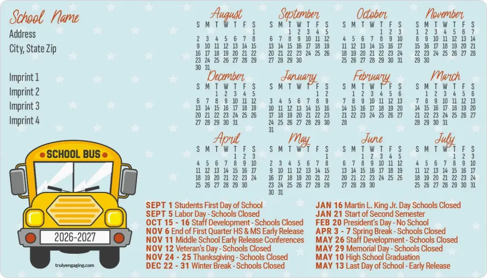 This is a 4" x 7" School Calendar Magnet called Gold Star Goals printed in full color