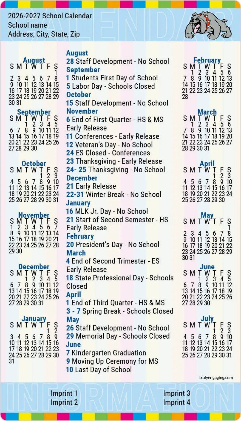 This is a 4" x 7" School Calendar Magnet called Campus Colors printed in full color