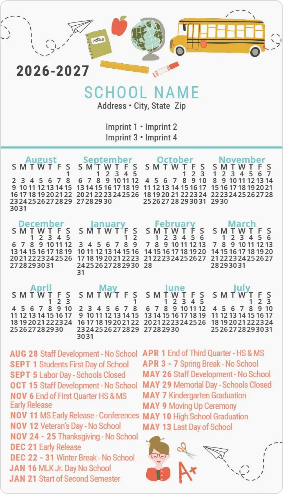 This is a 4" x 7" School Calendar Magnet called Crayons and Calculators printed in full color
