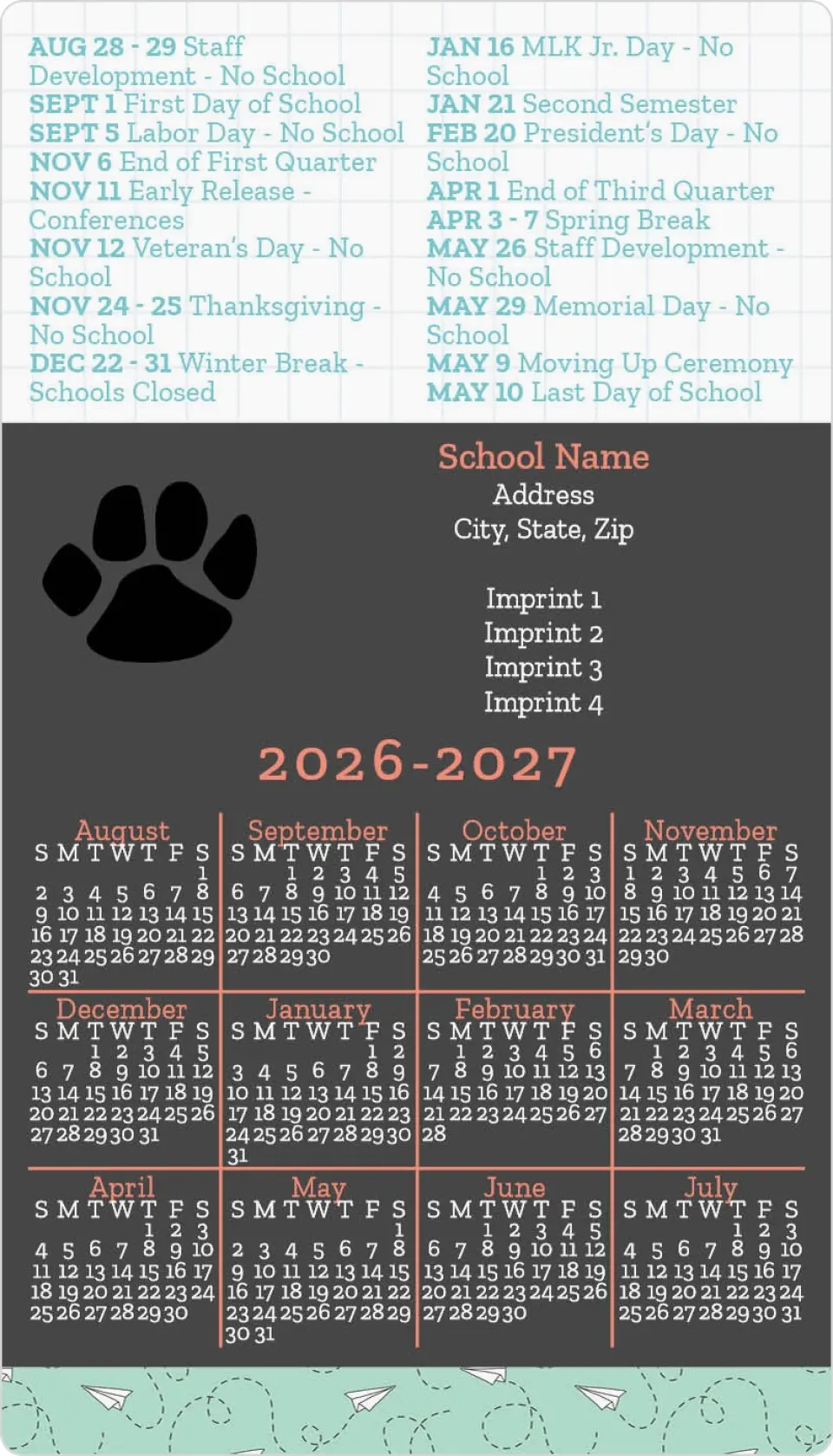 This is a 4" x 7" School Calendar Magnet called Flying Through the Year printed in full color