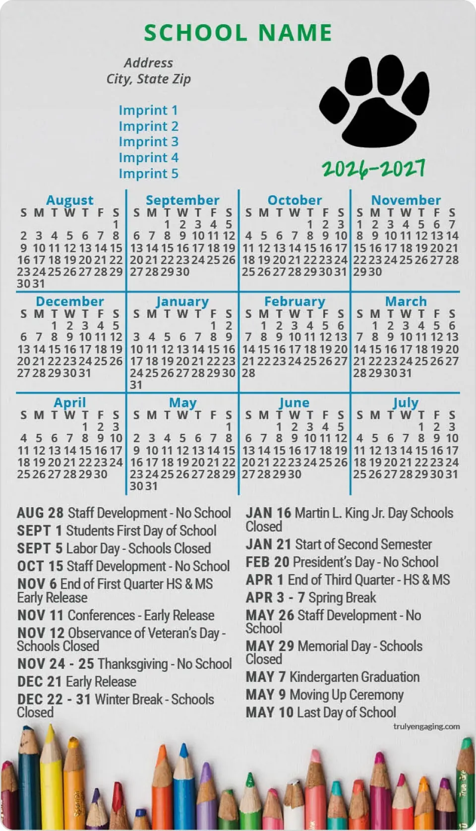 This is a 4" x 7" School Calendar Magnet called Pencil It In printed in full color