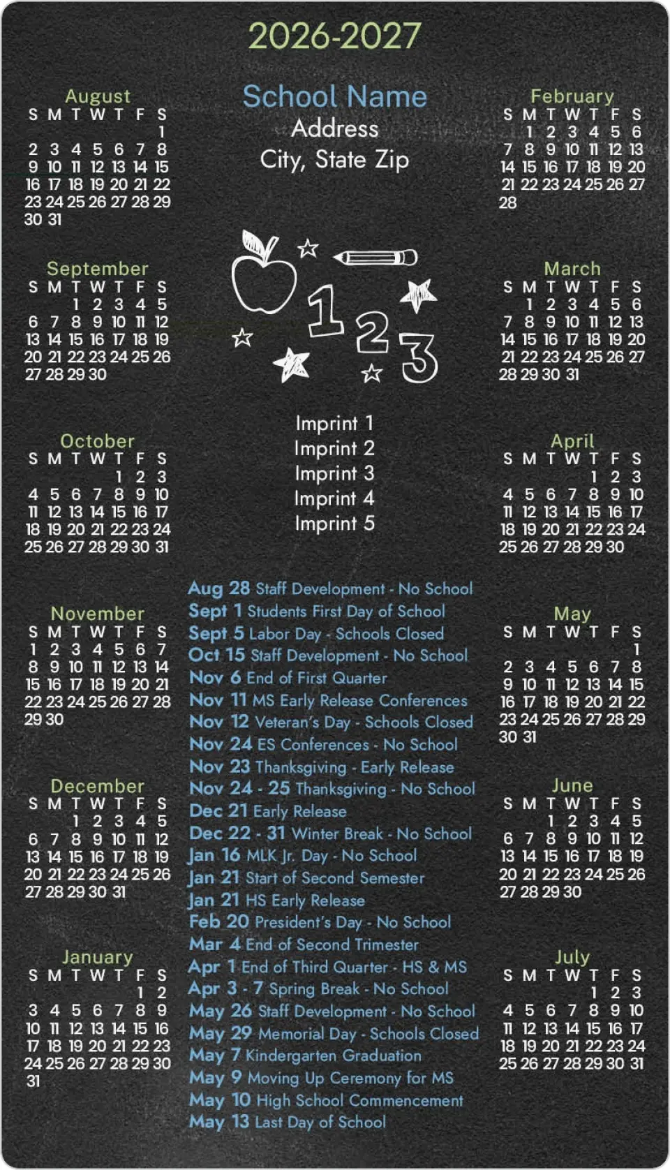 This is a 4" x 7" School Calendar Magnet called Back to the Chalkboard printed in full color