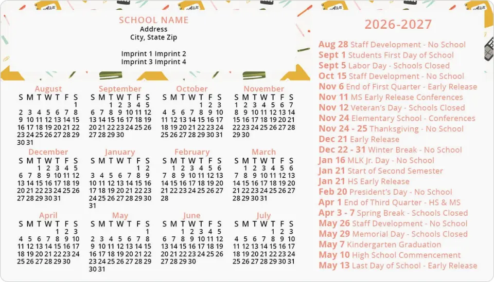 This is a 4" x 7" School Calendar Magnet called School Year Supplies printed in full color