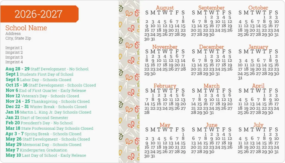 This is a 4" x 7" School Calendar Magnet called Cutting Through the Year printed in full color