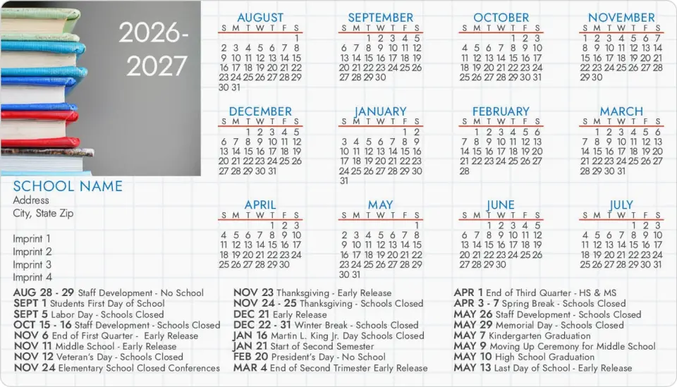 This is a 4" x 7" School Calendar Magnet called Book Stack printed in full color