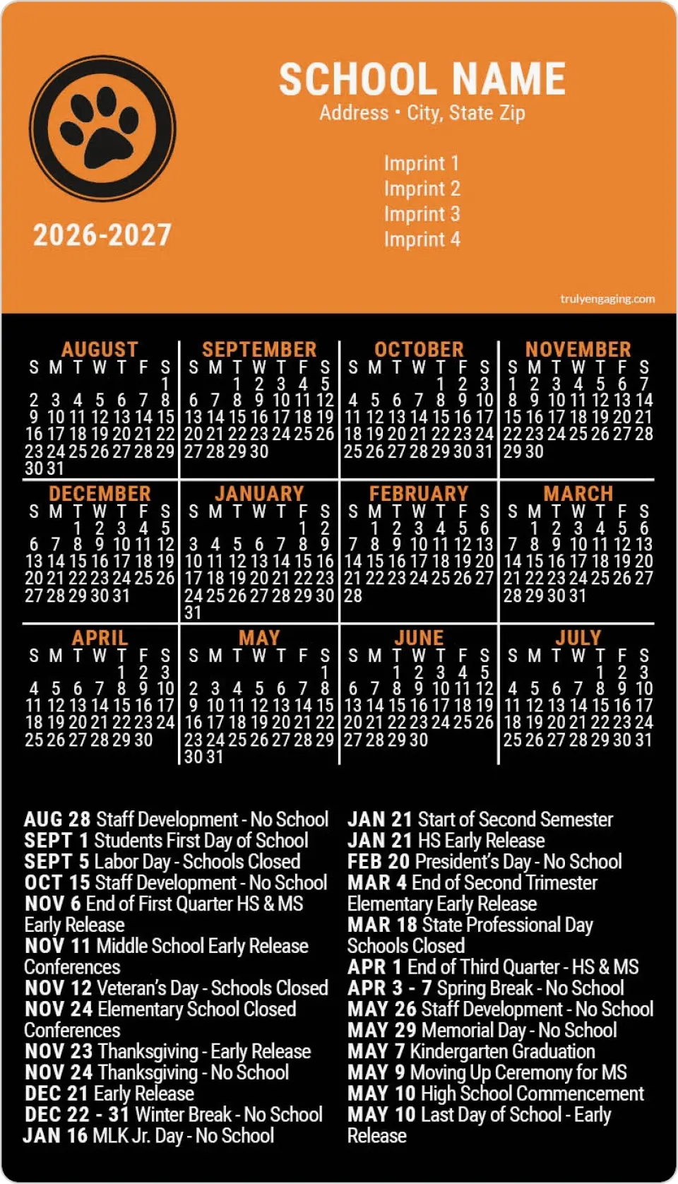 This is a 4" x 7" School Calendar Magnet called The Year Ahead printed in full color