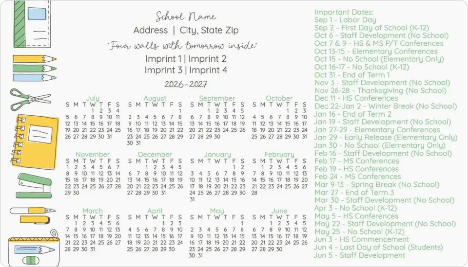 This is a 4" x 7" School Calendar Magnet called Yearly Essentials printed in full color