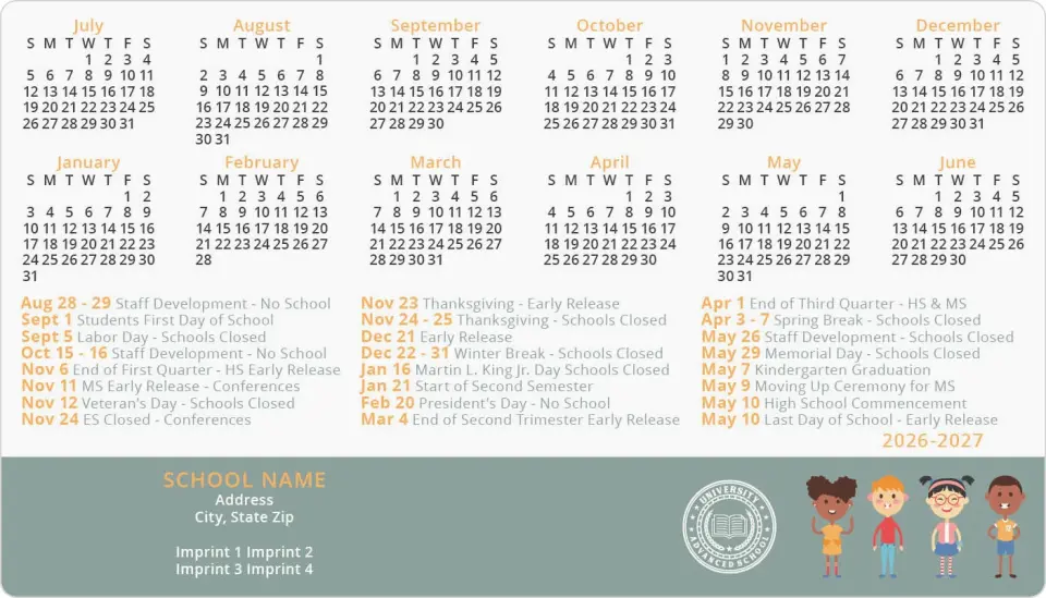 This is a 4" x 7" School Calendar Magnet called Schoolyard Fun printed in full color