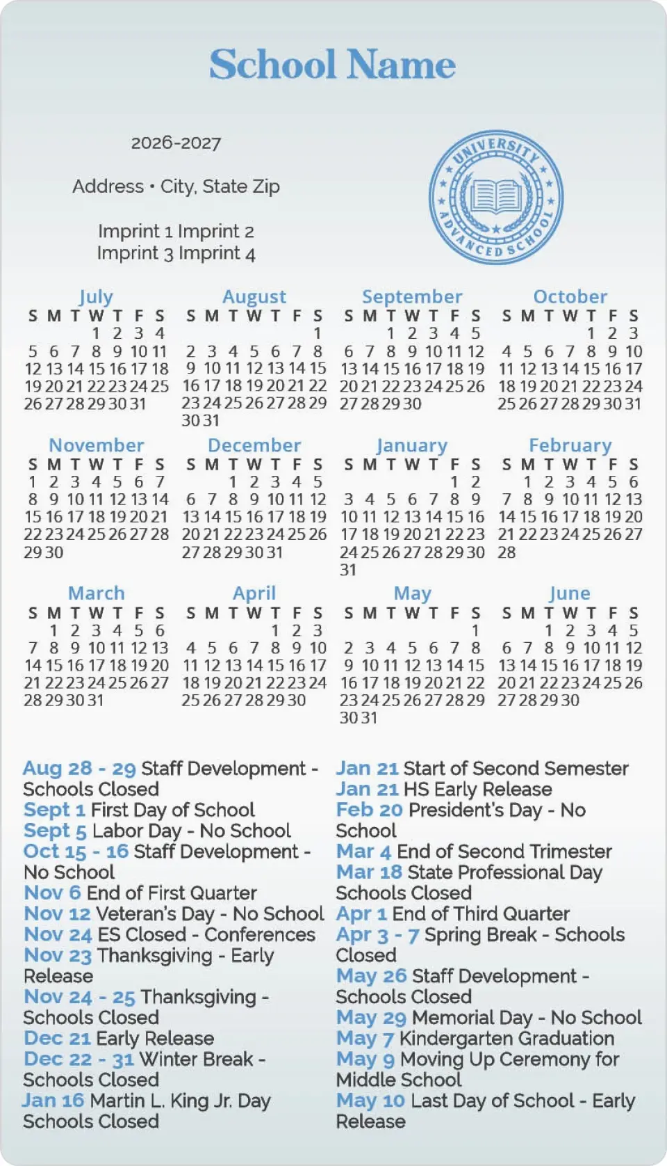 This is a 4" x 7" School Calendar Magnet called Academic Milestones printed in full color