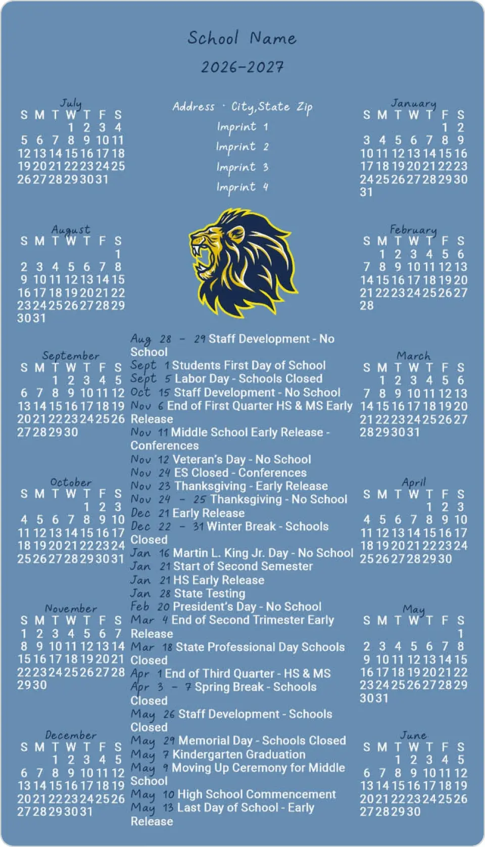 This is a 4" x 7" School Calendar Magnet called School Spirit printed in full color