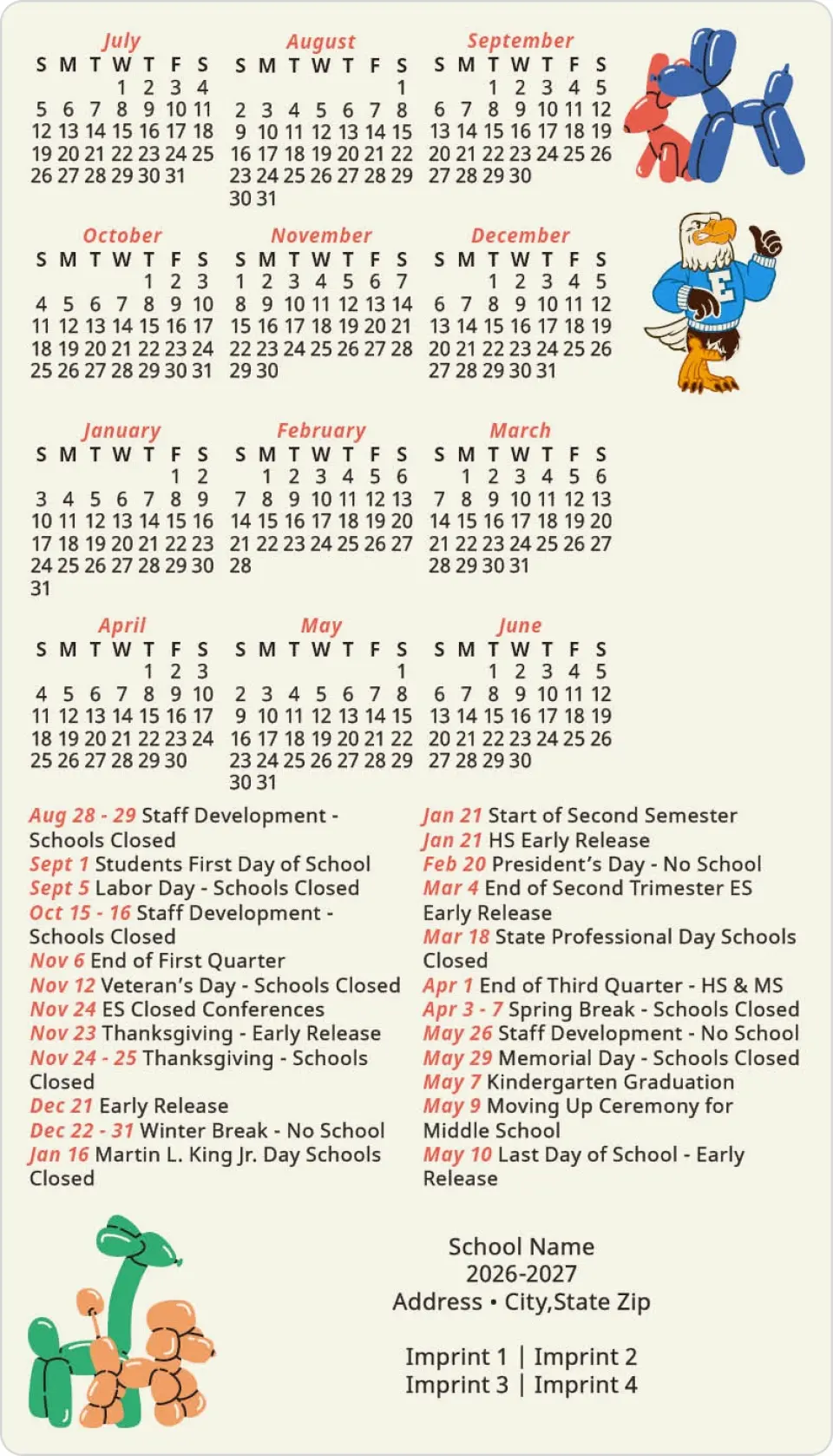 This is a 4" x 7" School Calendar Magnet called Balloons and Buddies printed in full color