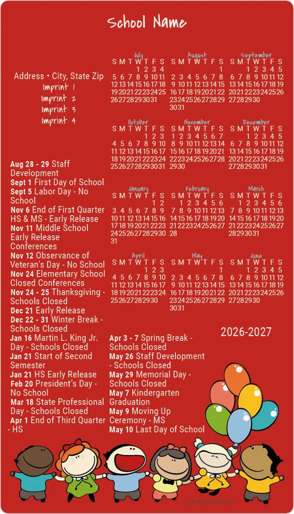This is a 4" x 7" School Calendar Magnet called Float Into Fun printed in full color
