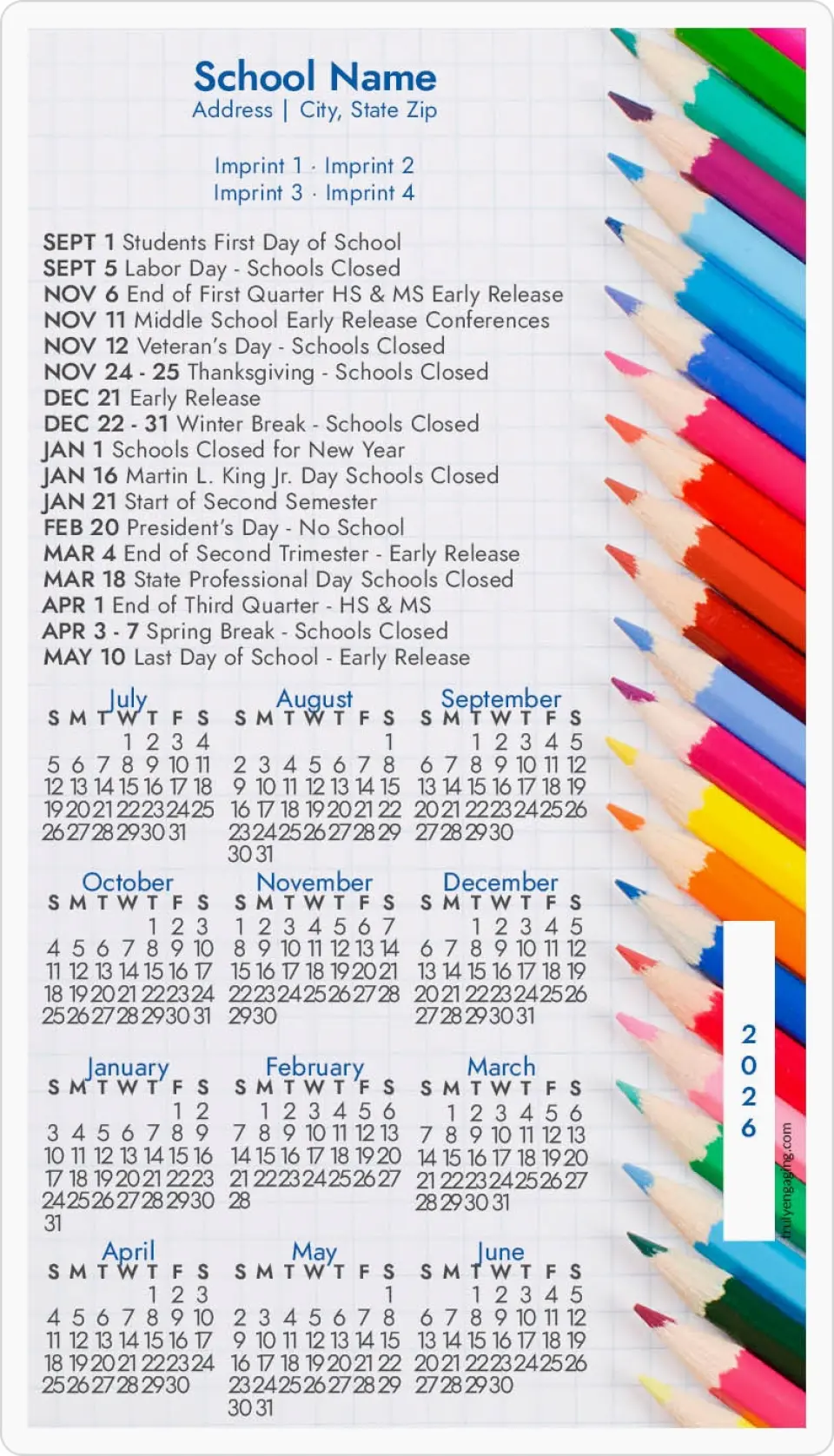 This is a 4" x 7" School Calendar Magnet called Color Your Year printed in full color