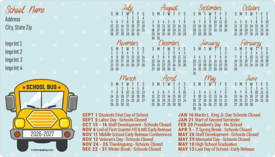This is a 4" x 7" School Calendar Magnet called Gold Star Goals printed in full color