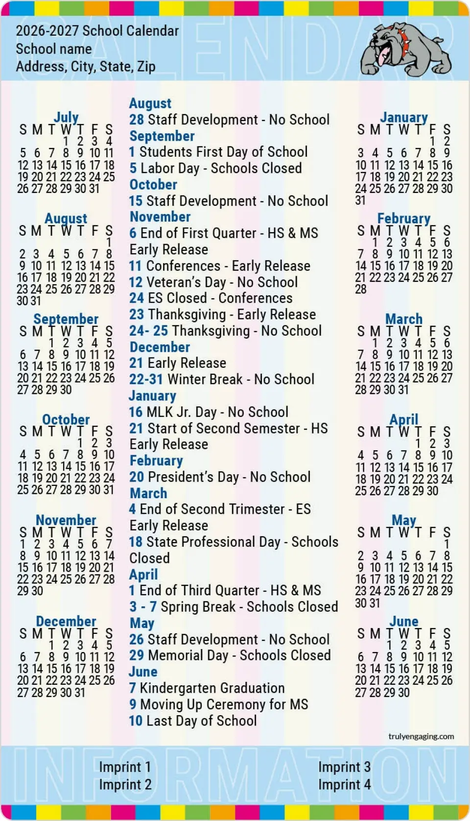 This is a 4" x 7" School Calendar Magnet called Campus Colors printed in full color