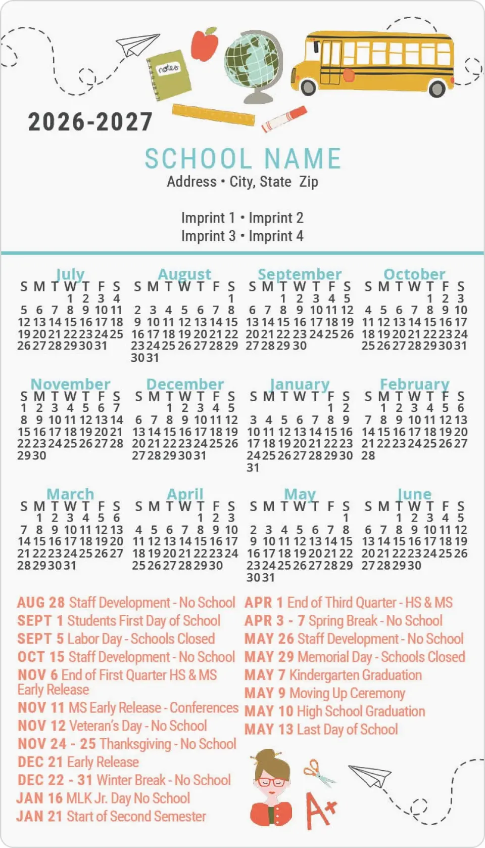 This is a 4" x 7" School Calendar Magnet called Crayons and Calculators printed in full color