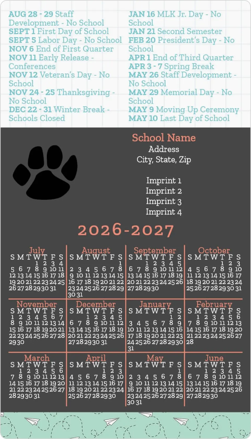 This is a 4" x 7" School Calendar Magnet called Flying Through the Year printed in full color
