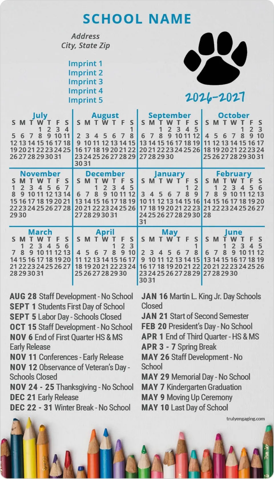 This is a 4" x 7" School Calendar Magnet called Pencil It In printed in full color