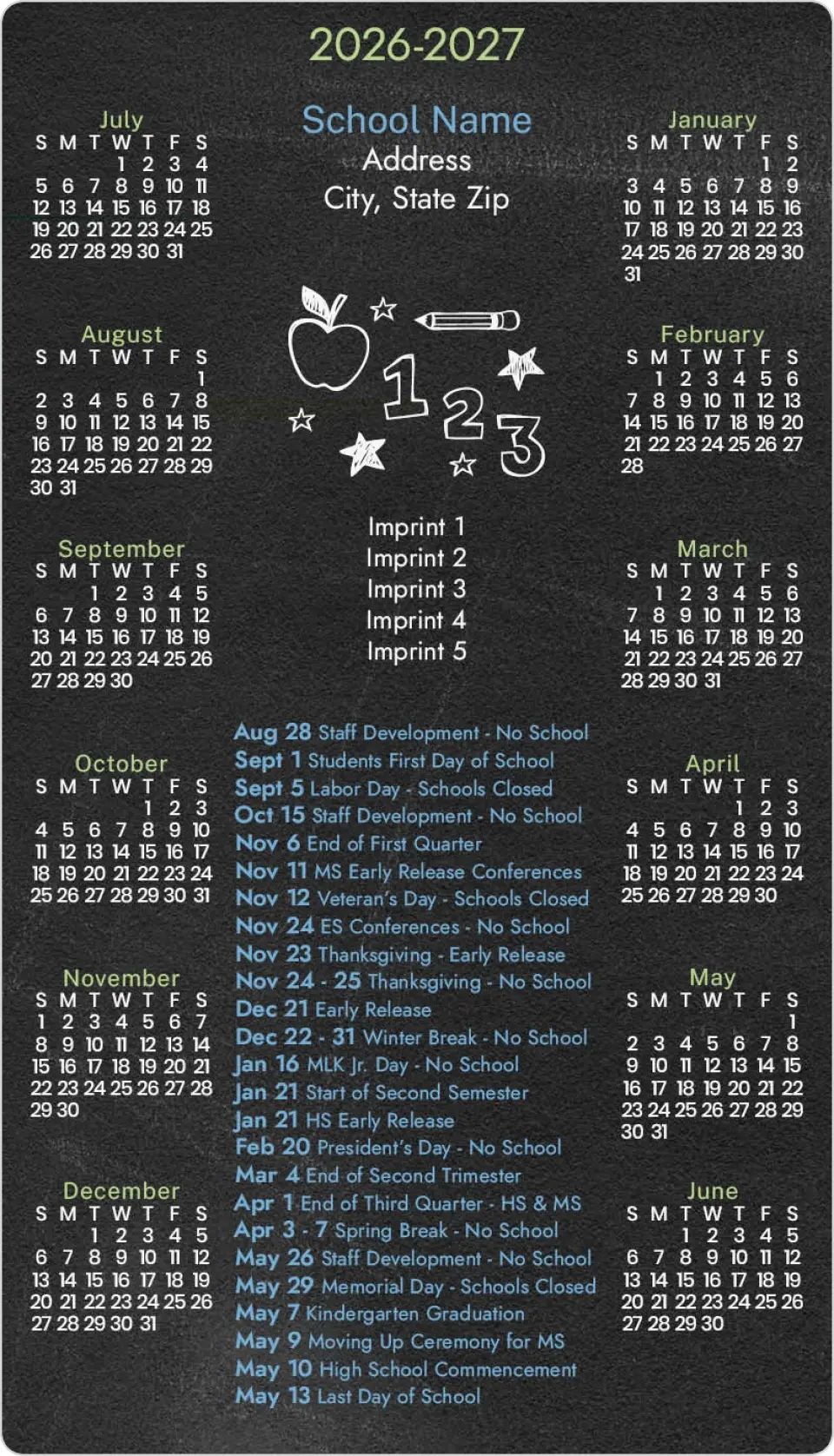 This is a 4" x 7" School Calendar Magnet called Back to the Chalkboard printed in full color