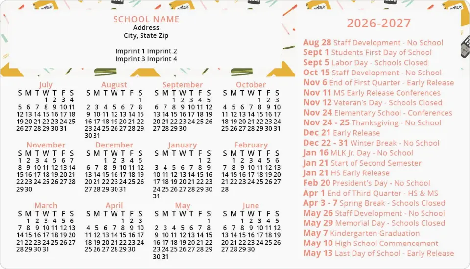 This is a 4" x 7" School Calendar Magnet called School Year Supplies printed in full color