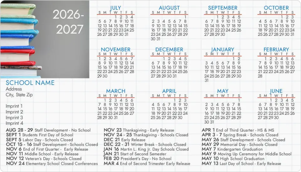 This is a 4" x 7" School Calendar Magnet called Book Stack printed in full color