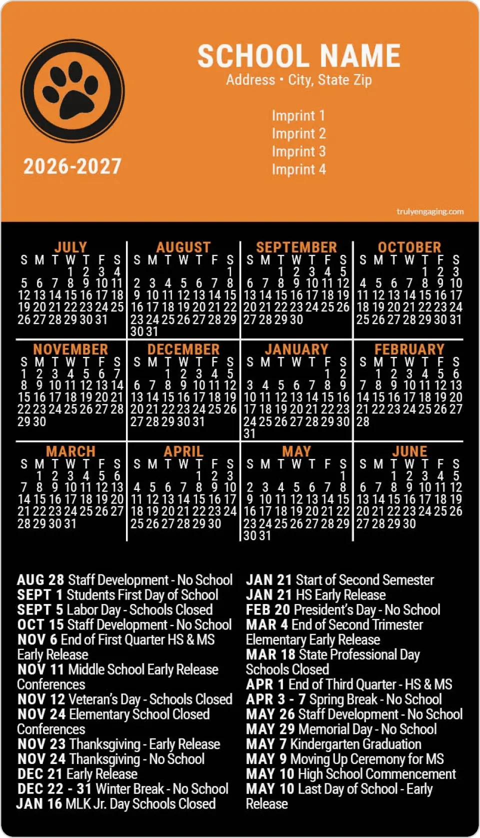 This is a 4" x 7" School Calendar Magnet called The Year Ahead printed in full color