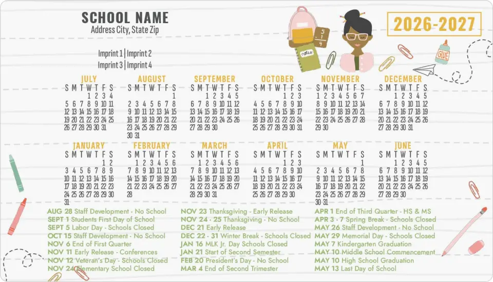 This is a 4" x 7" School Calendar Magnet called A+ Agenda printed in full color