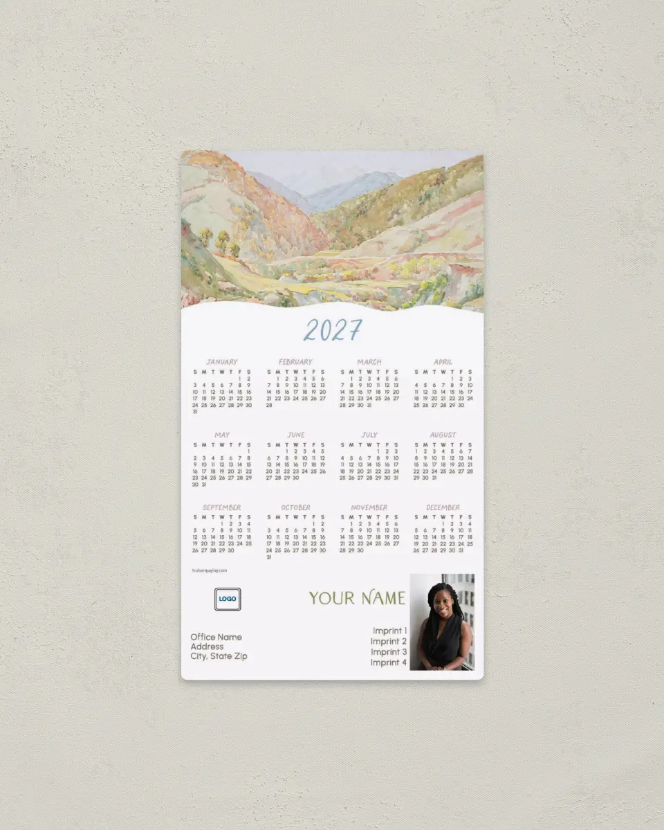 This is a 4" x 7" Full Magnet Calendar called Over the Peaks printed in full color with a Standard Gloss finish