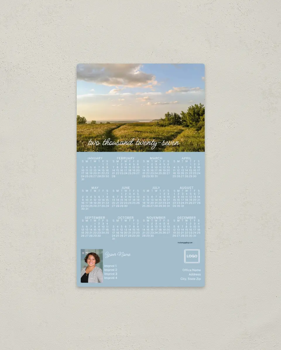 This is a 4" x 7" Full Magnet Calendar called Grassy Fields printed in full color with a Standard Gloss finish