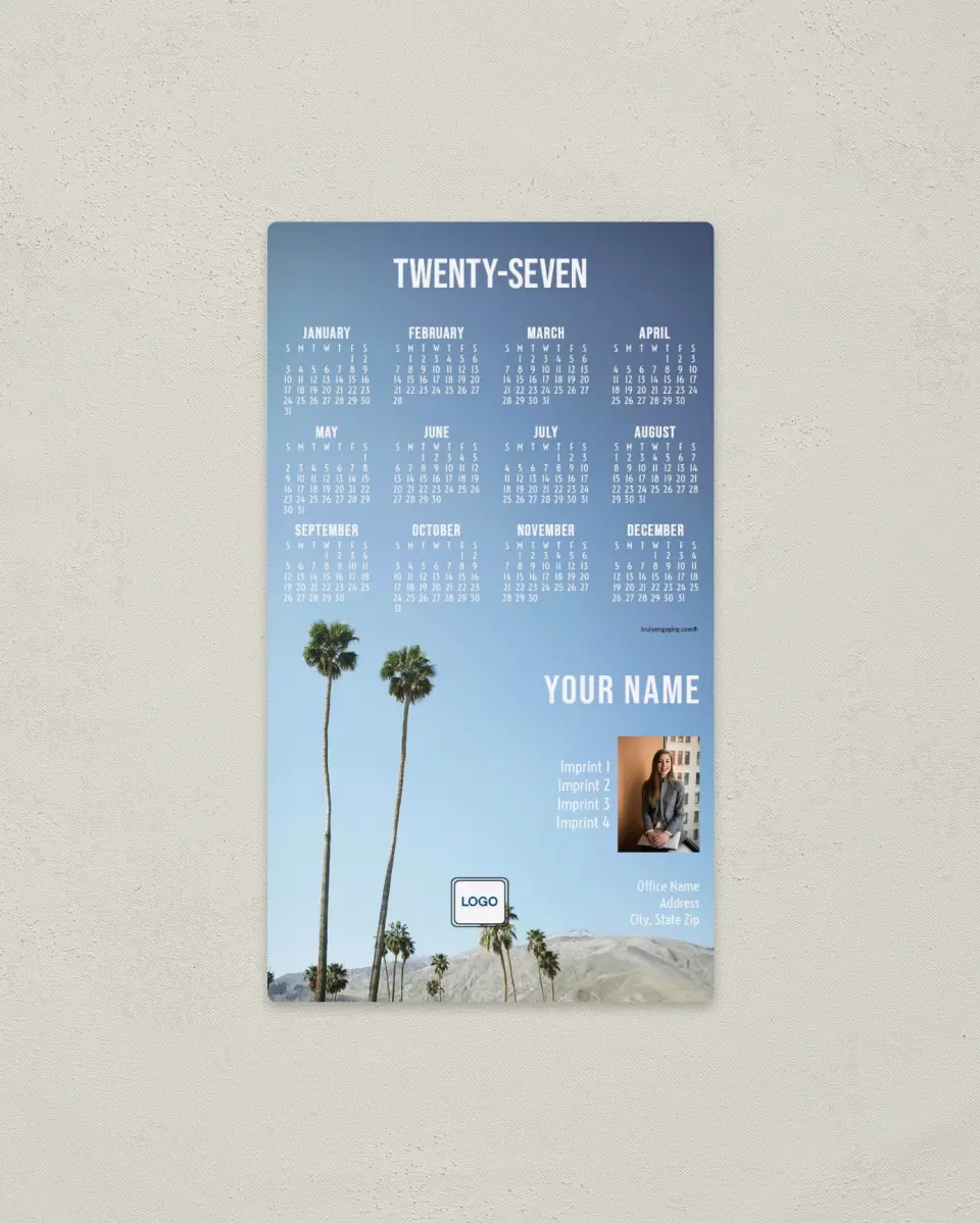 This is a 4" x 7" Full Magnet Calendar called Desert Trees printed in full color with a Standard Gloss finish