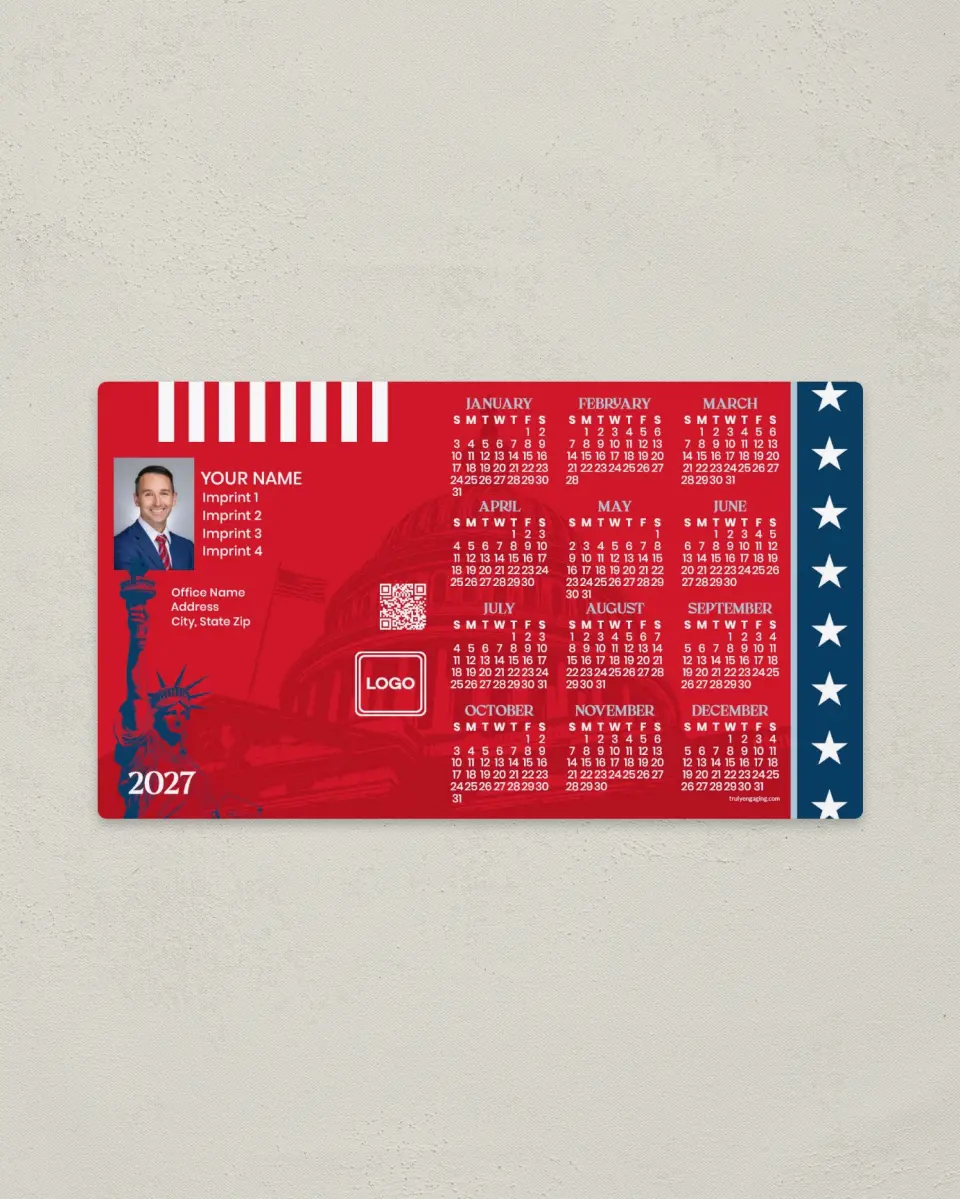 This is a 4" x 7" Full Magnet Calendar called Stripes & Stars printed in full color with a Standard Gloss finish